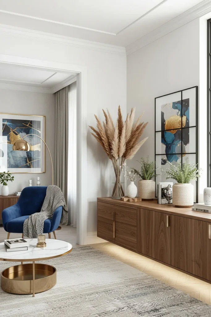 Dried pampas grass in a tall vase on a shelf