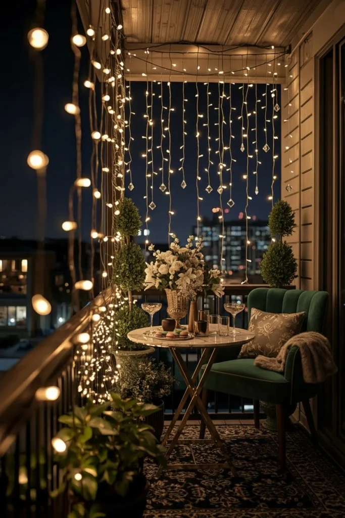 Warm white string lights illuminating cozy balcony space