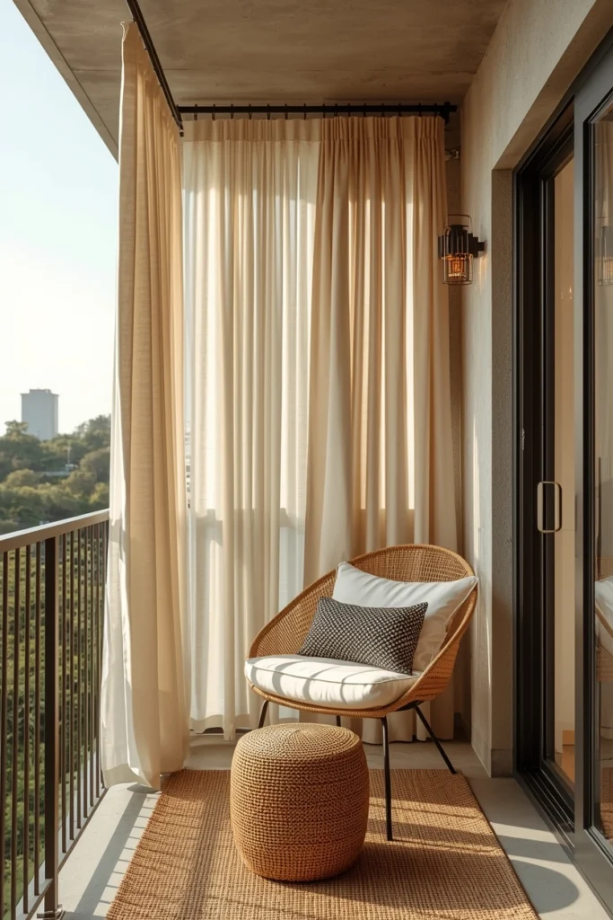 Balcony decorated with flowing outdoor privacy curtains