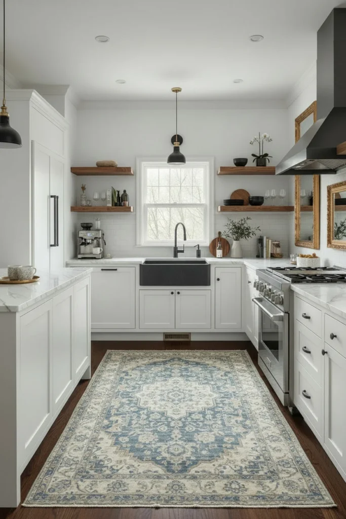 White fireclay farmhouse sink in kitchen counter