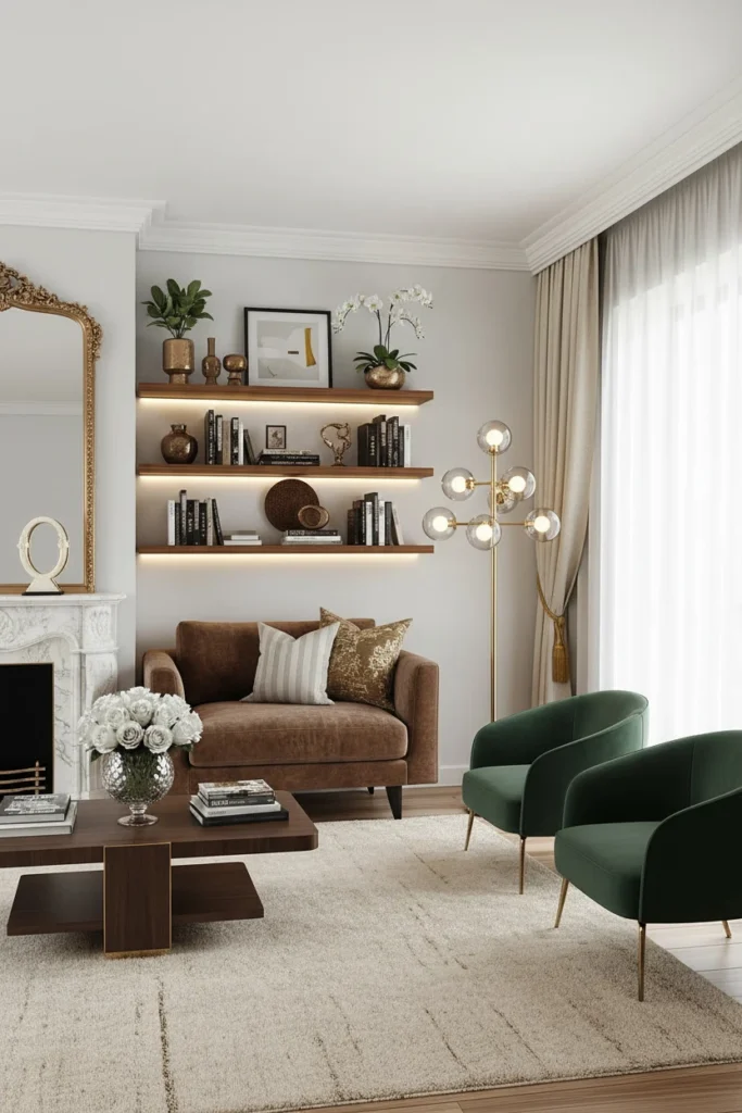 Floating shelves above sofa