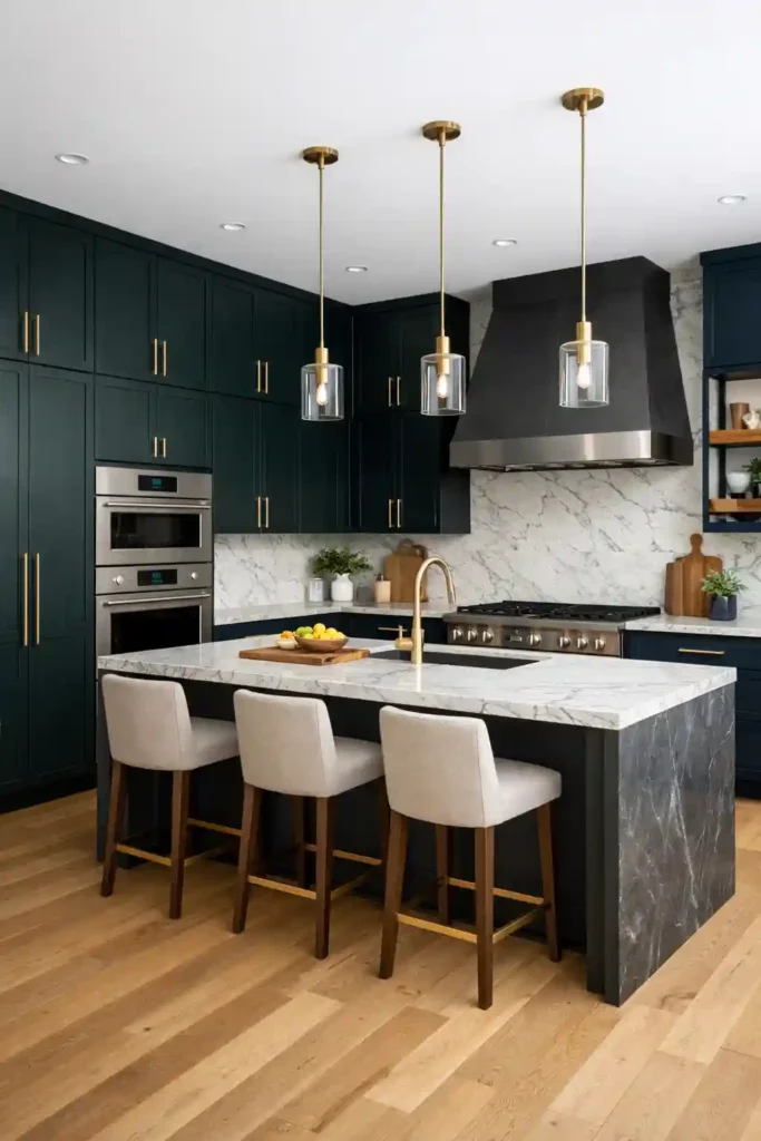Dark green floor-to-ceiling kitchen cabinets with brass handles