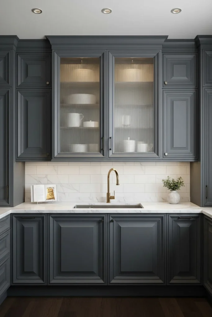 Fluted glass doors on modern kitchen cabinets