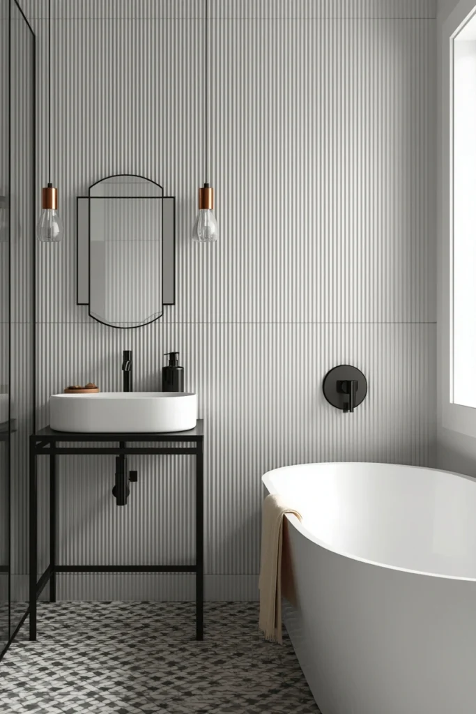 Fluted tile feature wall with textured ridged surface