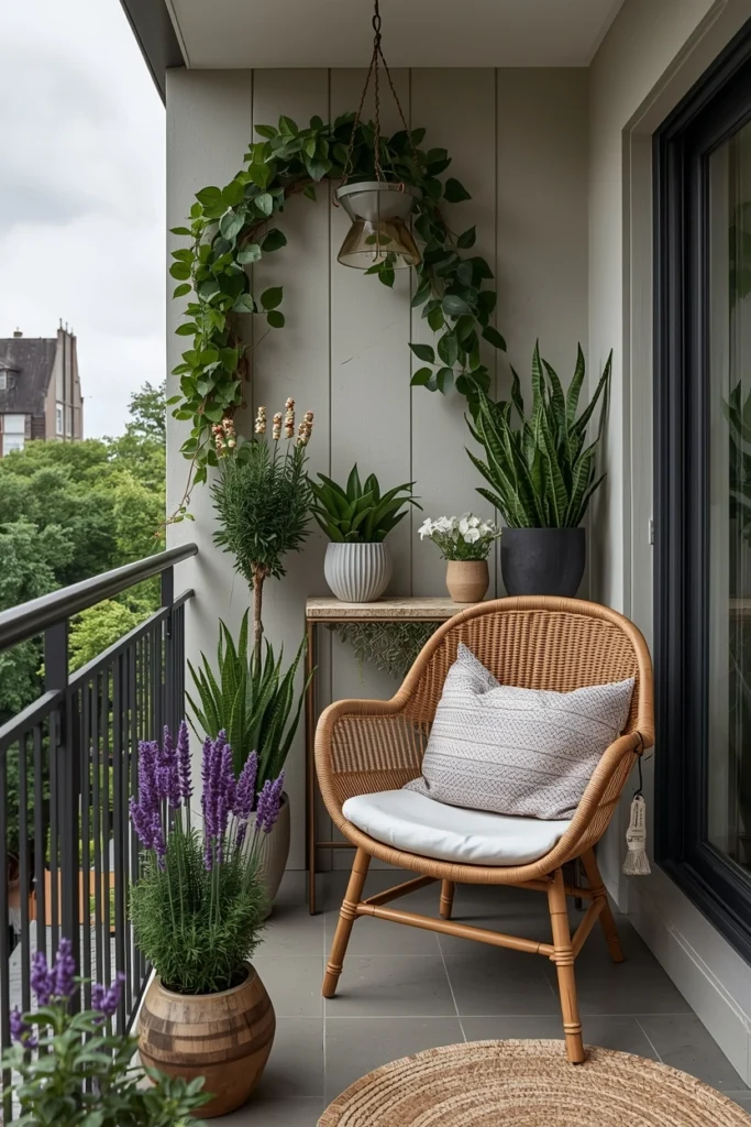 Balcony decorated with fragrant jasmine and lavender plants