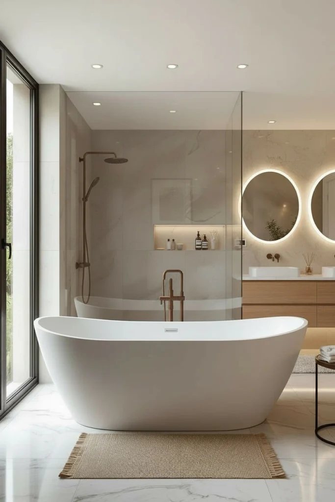 Oval freestanding bathtub standing alone in modern bathroom
