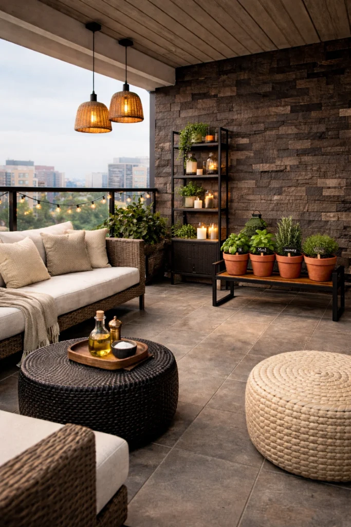 Balcony herb garden with basil mint rosemary plants