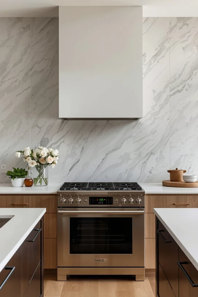 Full-height marble backsplash behind kitchen stove