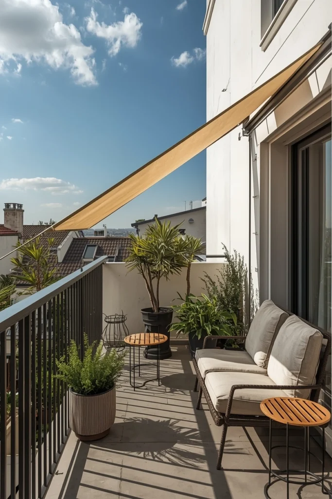 Balcony covered with modern shade canopy for comfort