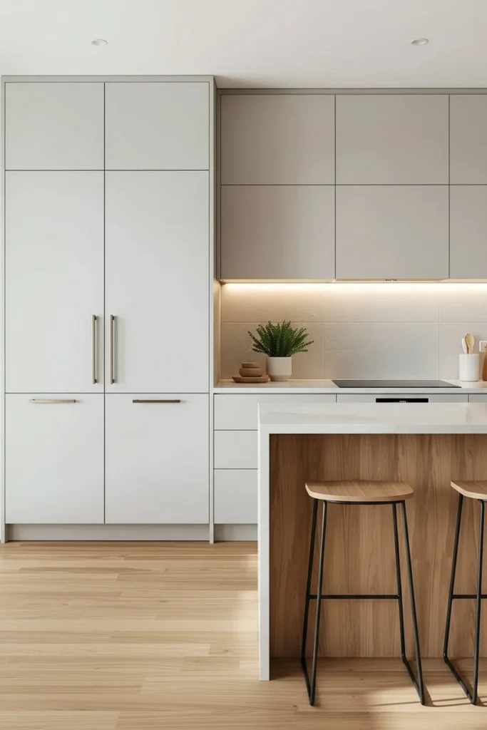 Handleless flat-front kitchen cabinets