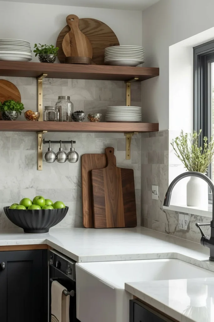 Handmade ceramic bowl and timber board on counter