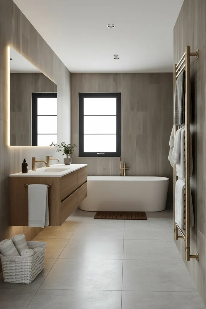 Wide bar heated towel rail mounted on bathroom wall