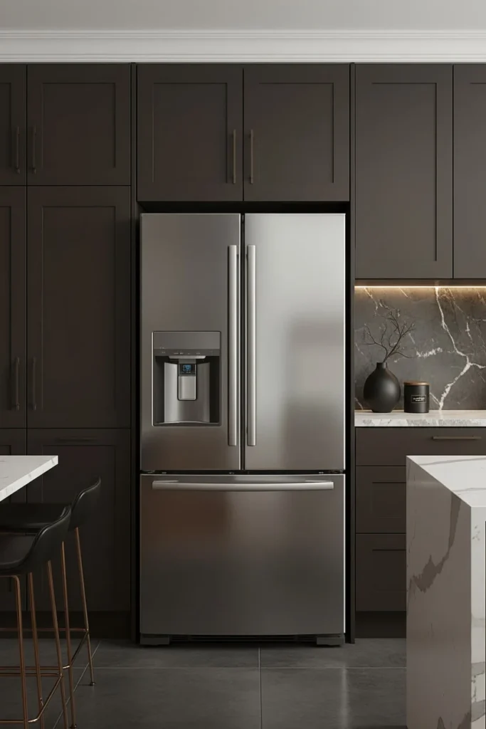 Integrated fridge behind matching kitchen cabinet panels