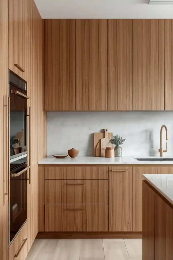 Flat wood veneer Japandi kitchen cabinet doors