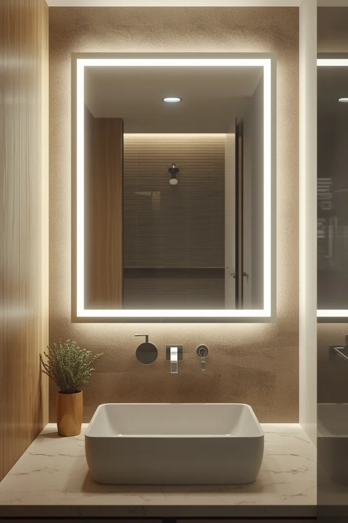 Backlit LED mirror with anti-fog feature above vanity
