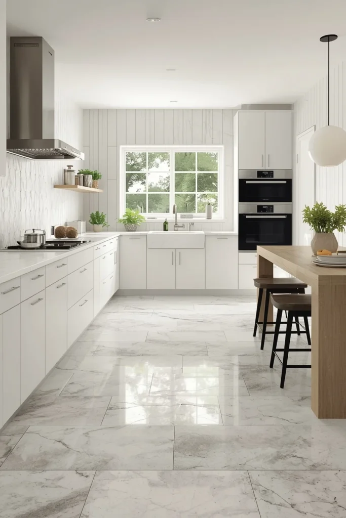 Large porcelain floor tiles in modern kitchen