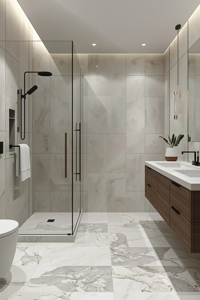 Large porcelain slab tiles on bathroom wall and floor
