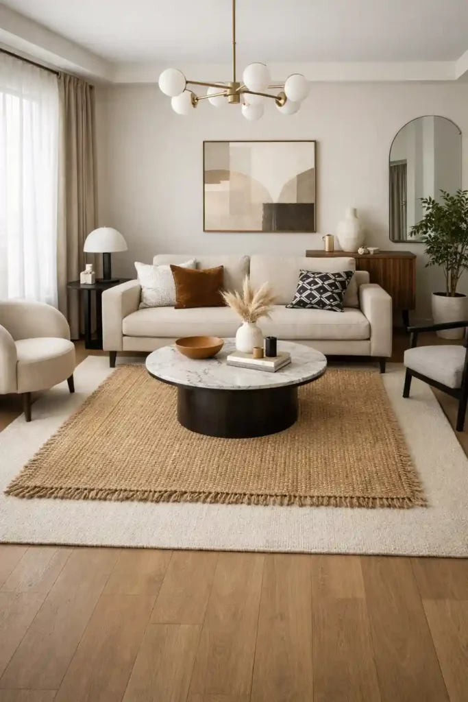 Two layered rugs small living room