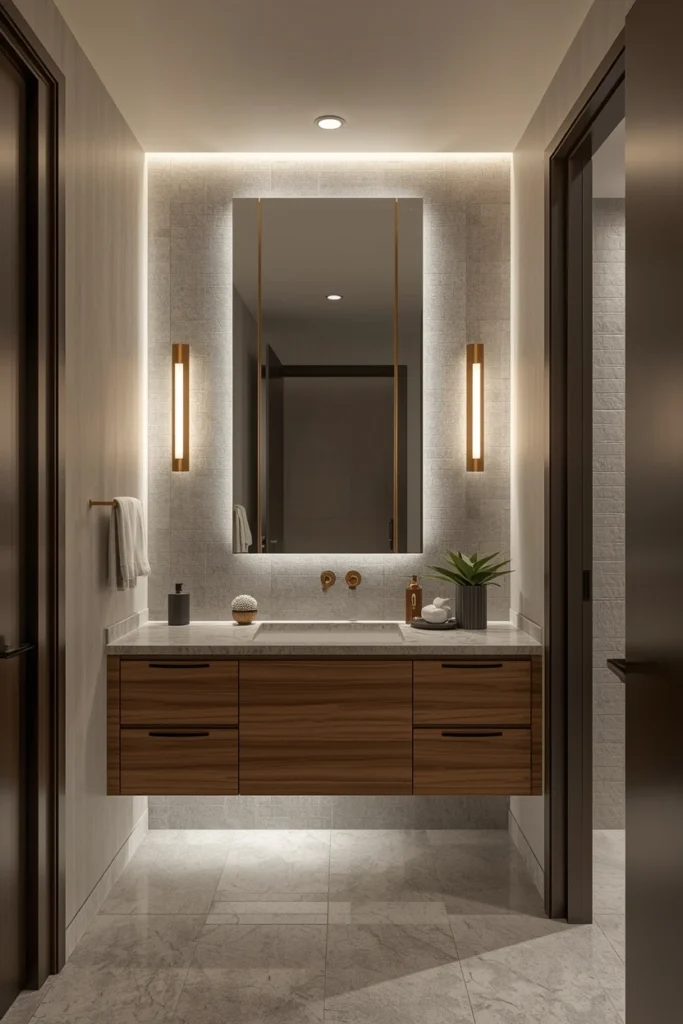 Bathroom with three levels of layered ambient lighting
