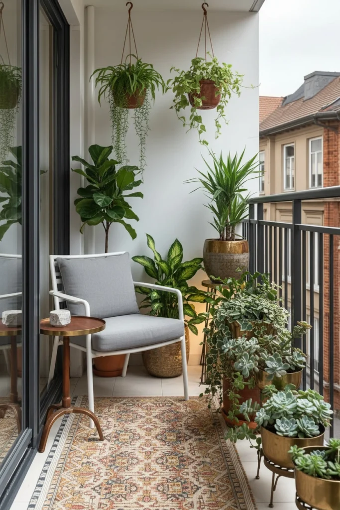 Balcony decorated with vibrant lush potted green plants