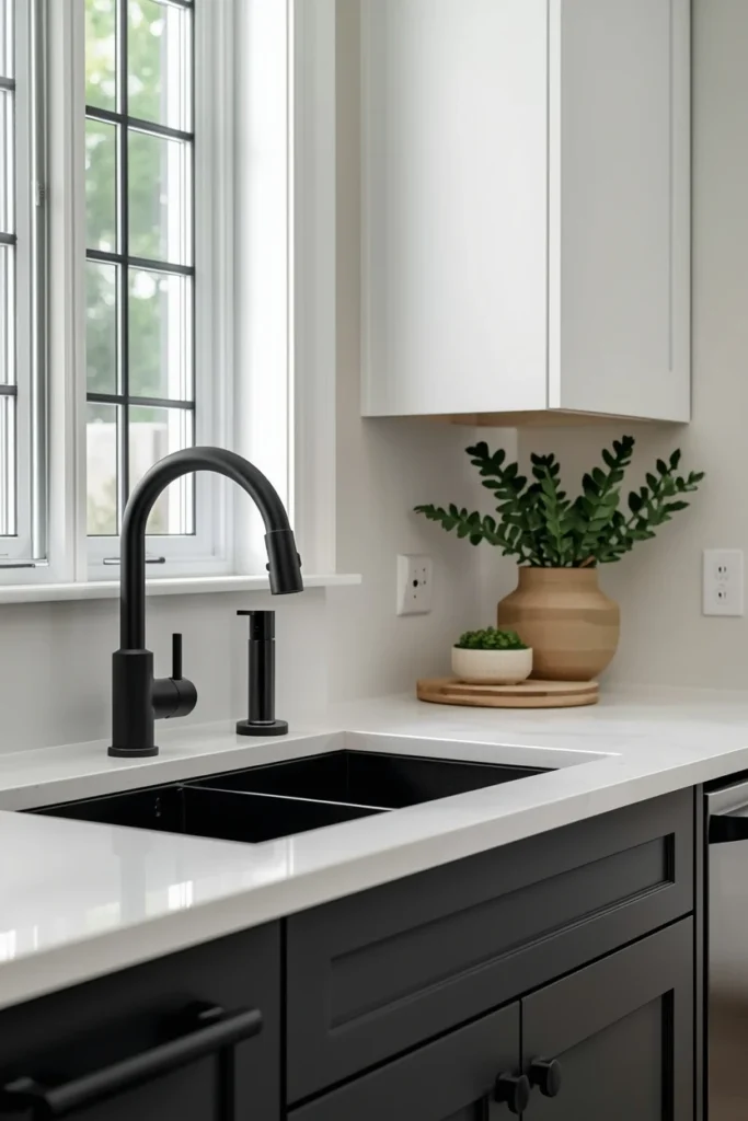 Matte black handles and tap in modern kitchen