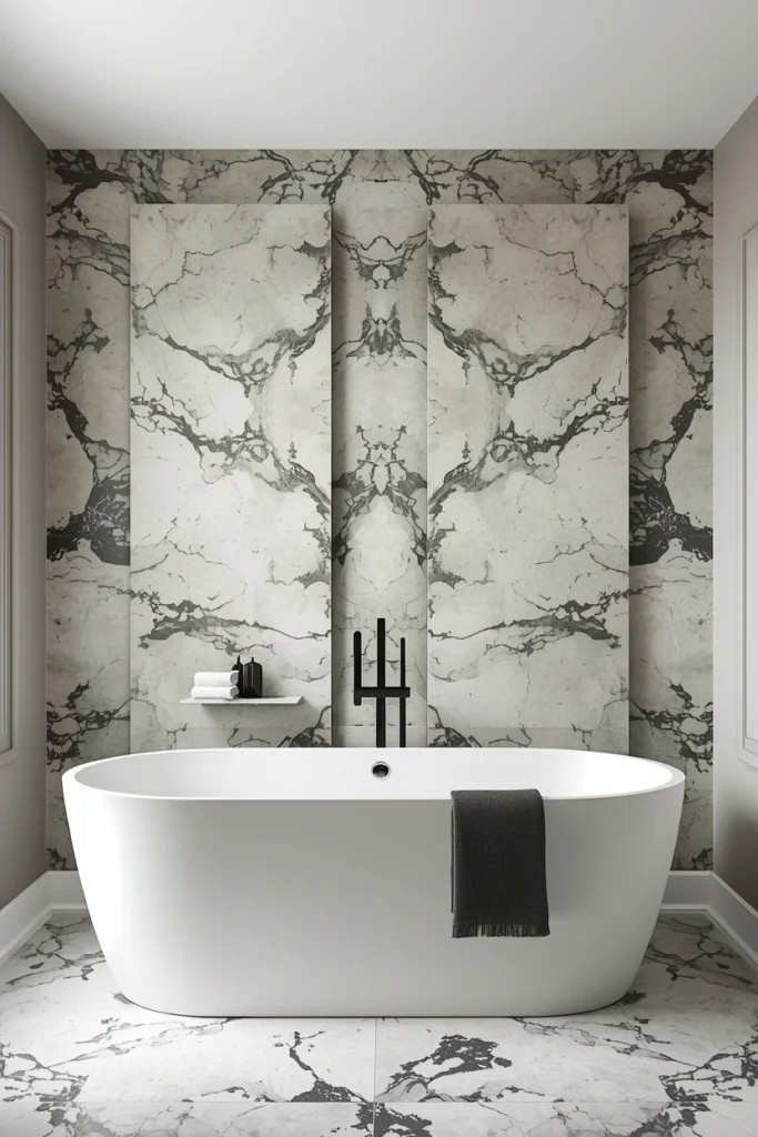 Mirrored stone feature wall with bold symmetrical pattern
