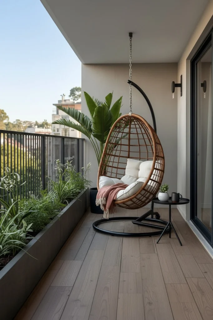 Stylish balcony featuring cozy hanging egg chair