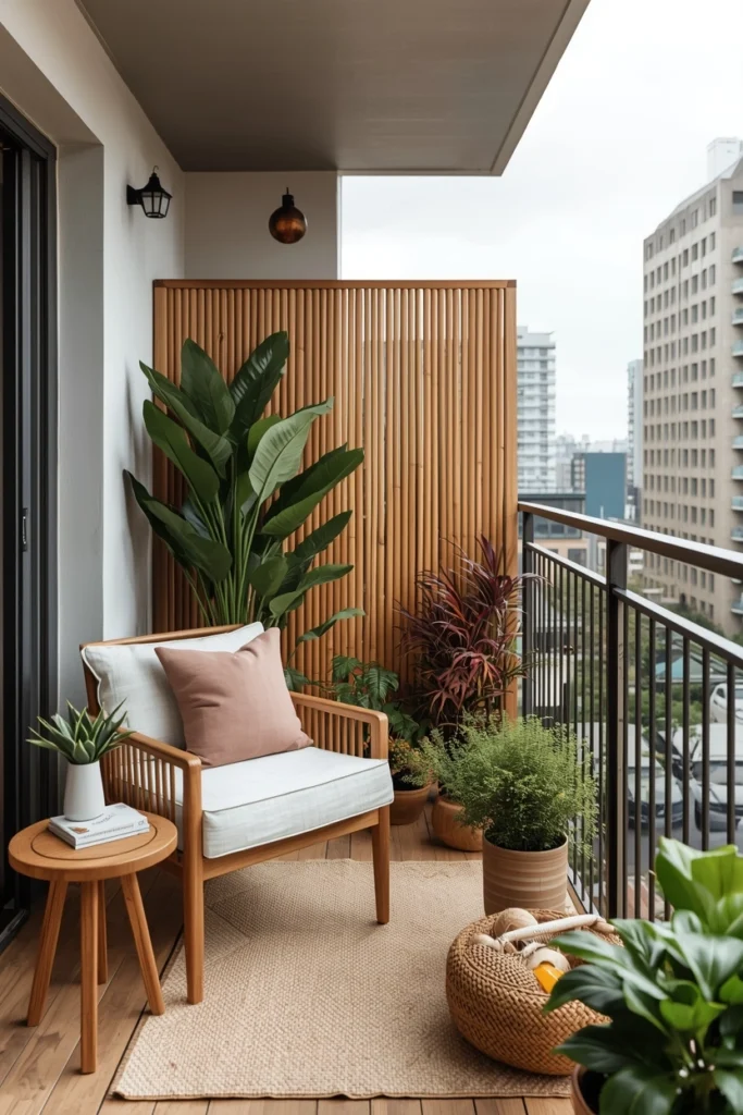 Balcony designed with bamboo privacy screen and plants