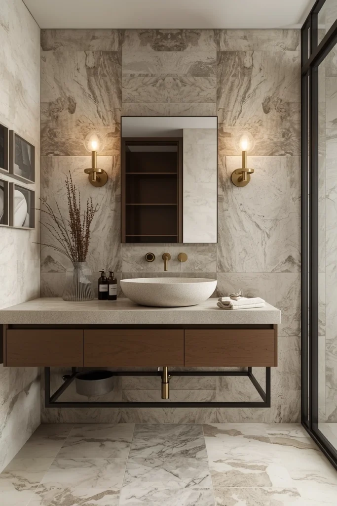Natural stone shelf and panel detail in bathroom
