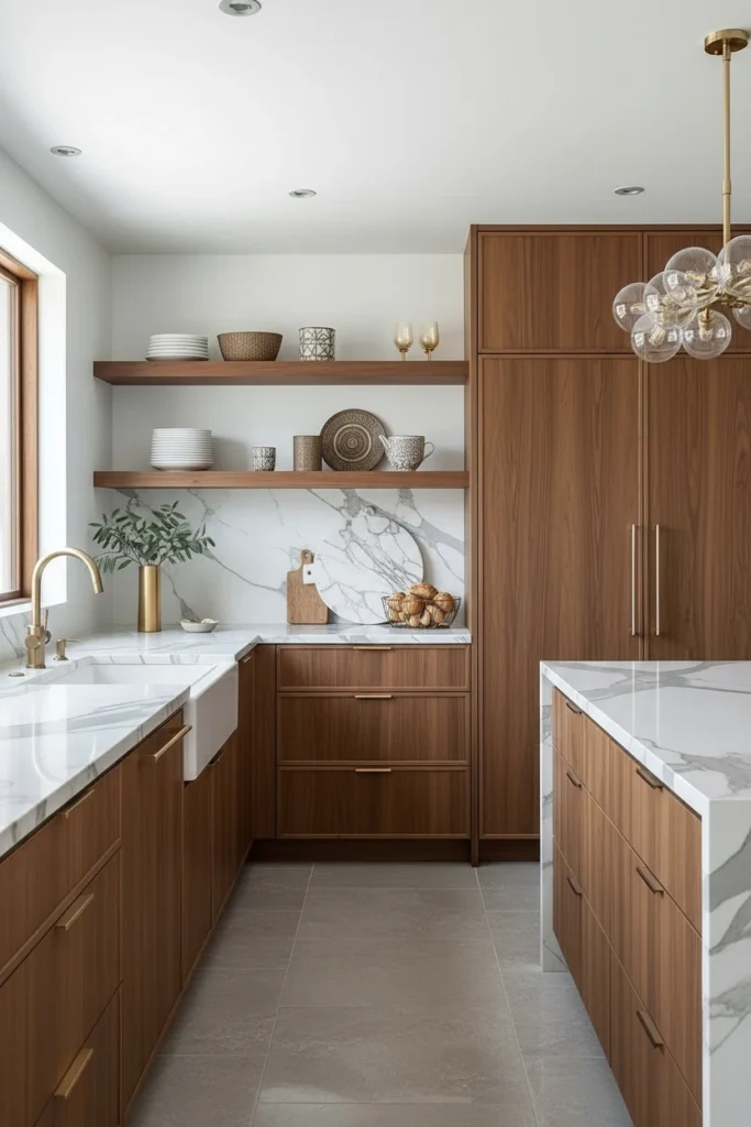 Walnut wood open shelves in modern kitchen