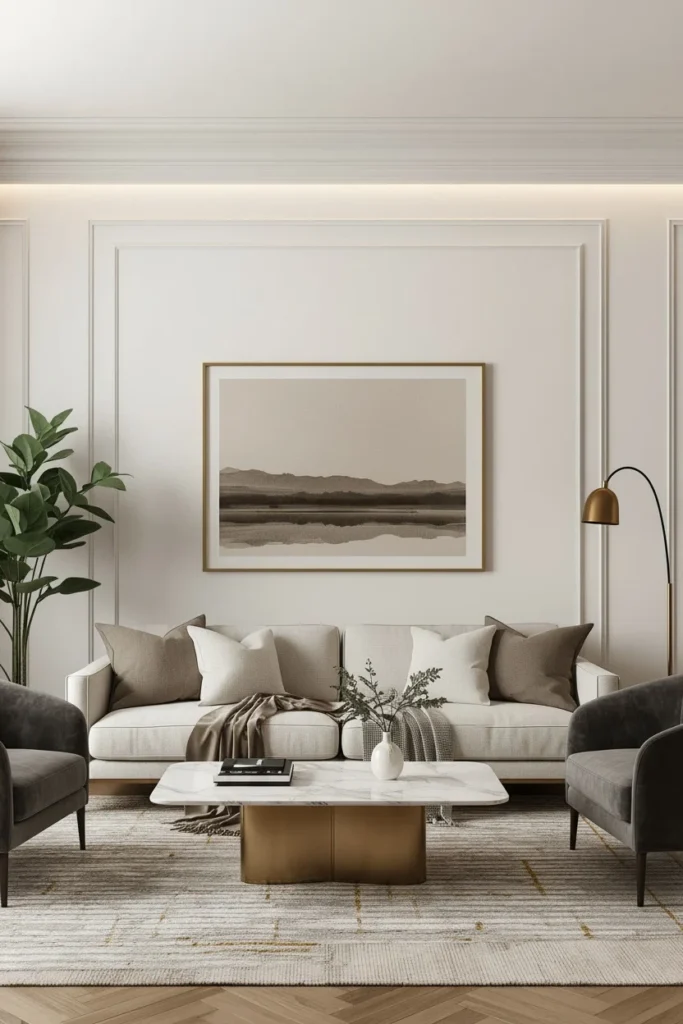 Large framed artwork on a living room wall