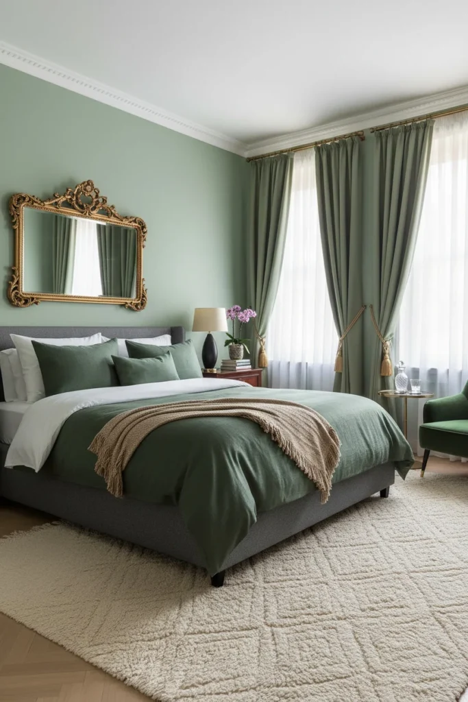 Bedroom in matching shades of green decor