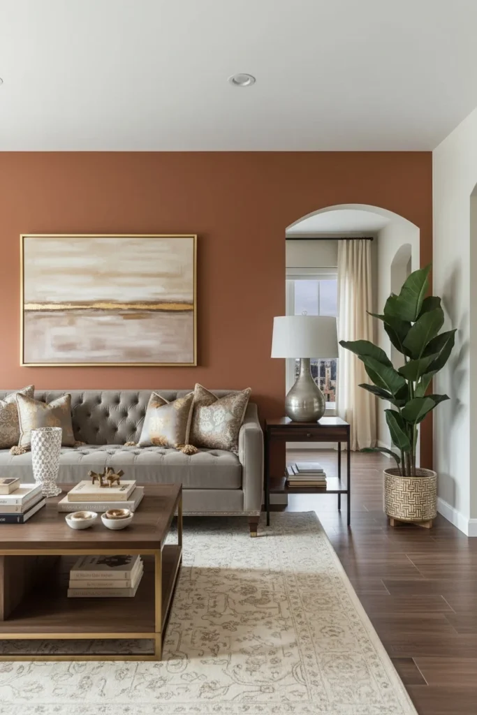 Terracotta accent wall living room
