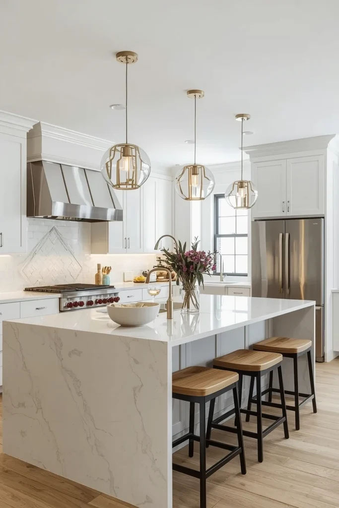 Three glass pendant lights above kitchen island