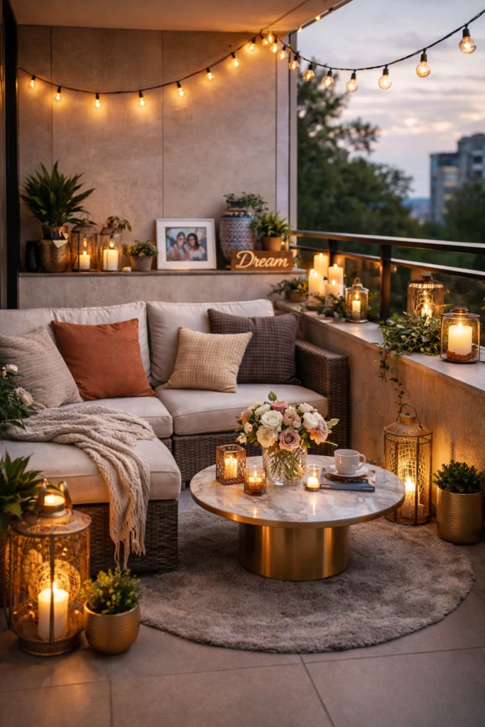 Cozy balcony styled with meaningful personal decor items