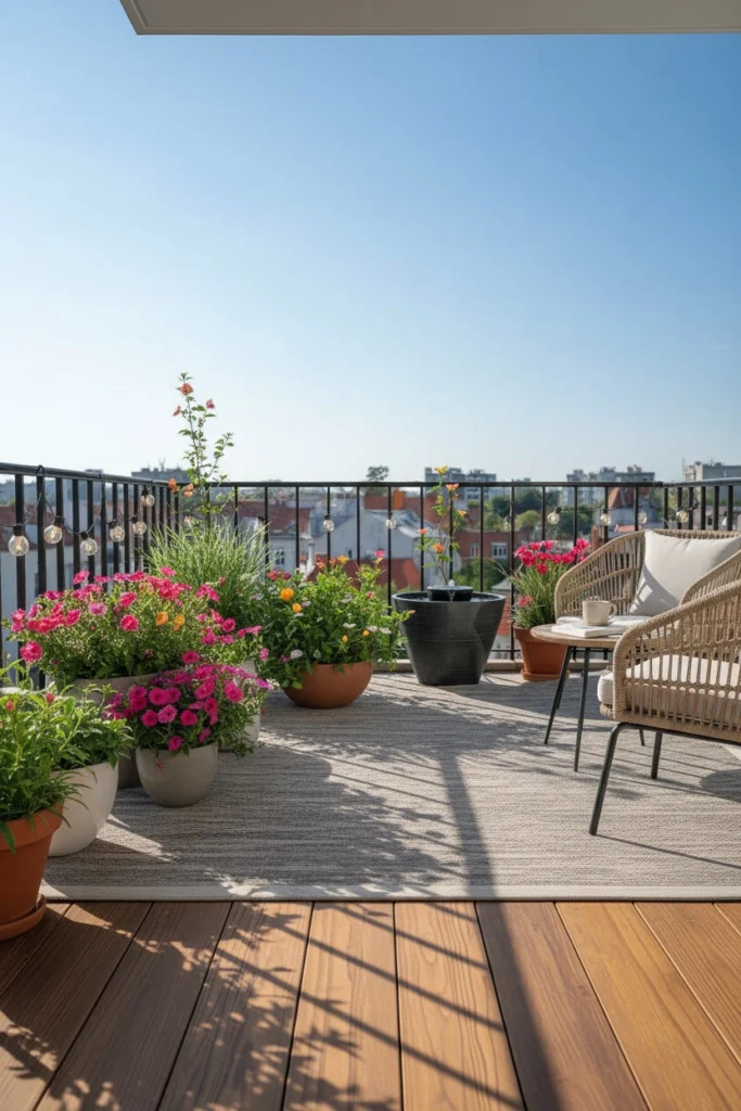 Balcony tabletop fountain creating peaceful relaxing ambiance