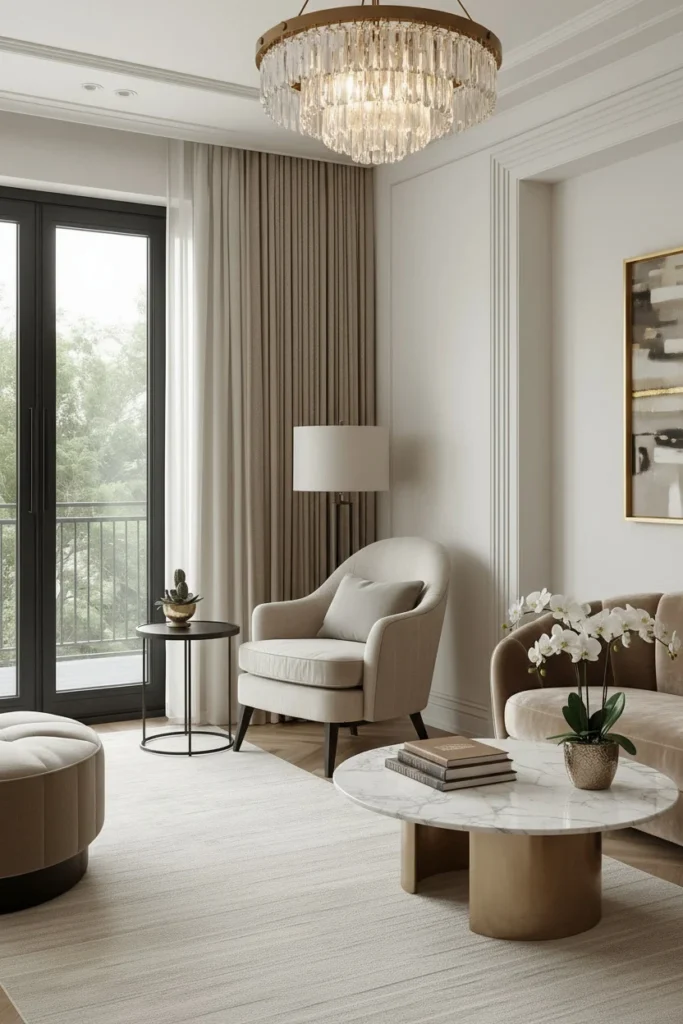 Curved accent chair placed near a window