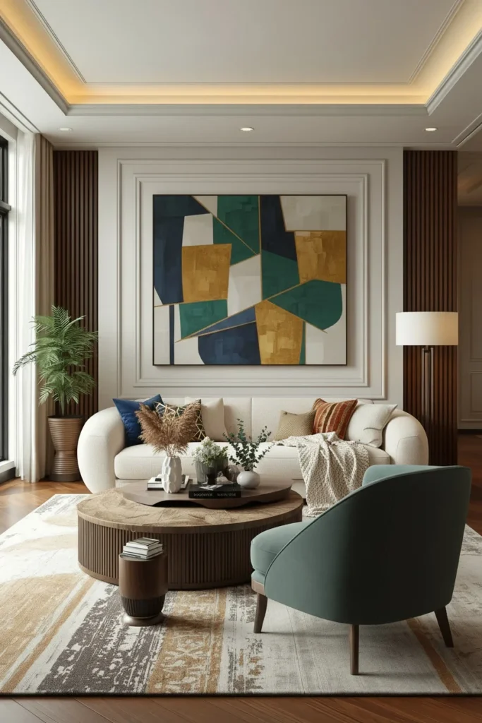 Round coffee table and curved chair in living room