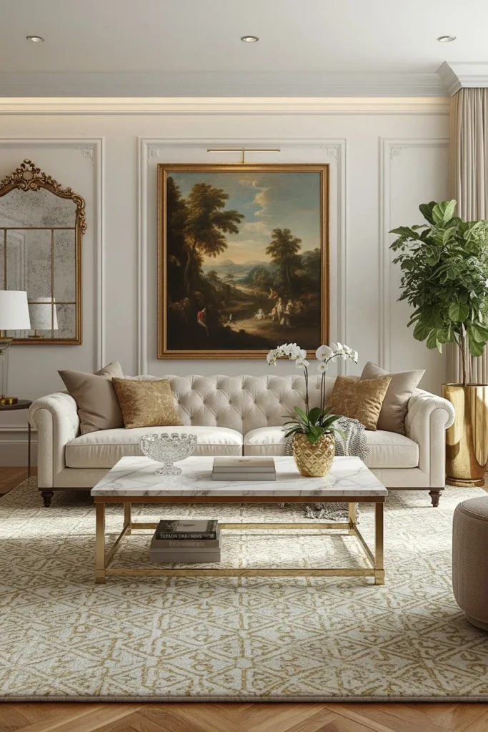 Cream boucle sofa with wooden coffee table