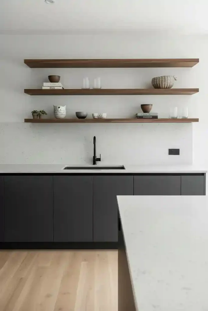 Thick solid walnut open shelves in kitchen