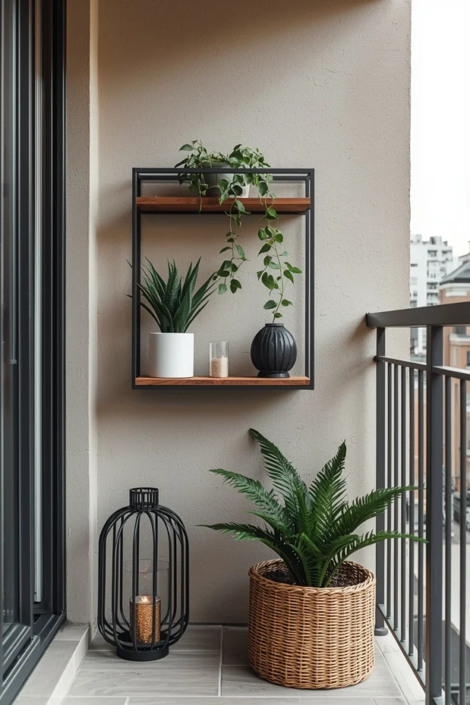 Balcony wall shelf styled with plants and decor