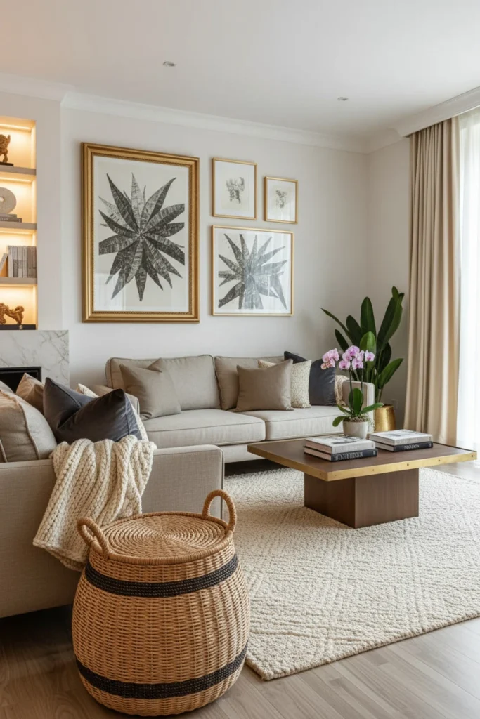 Woven baskets beside sofa