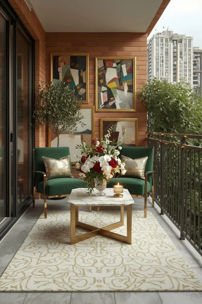 Modern balcony styled with warm toned outdoor rug