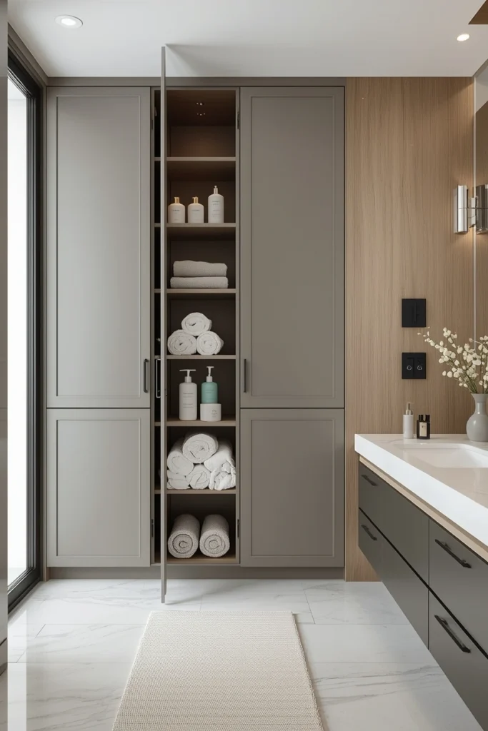 Tall built-in floor to ceiling bathroom storage cabinet
