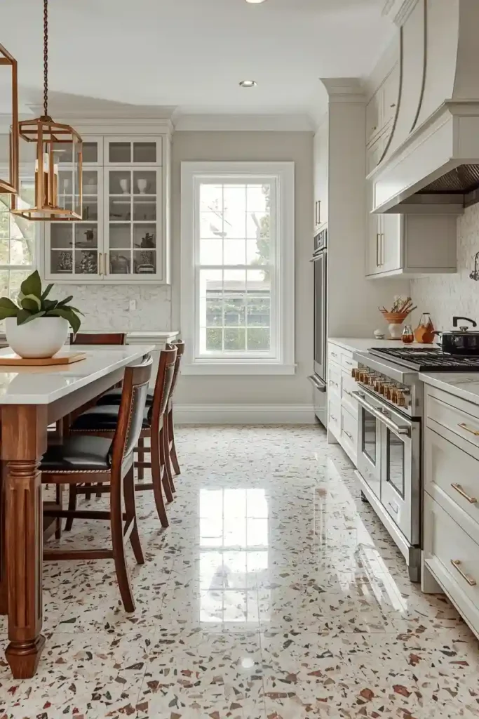 Polished terrazzo floor with marble chips in kitchen