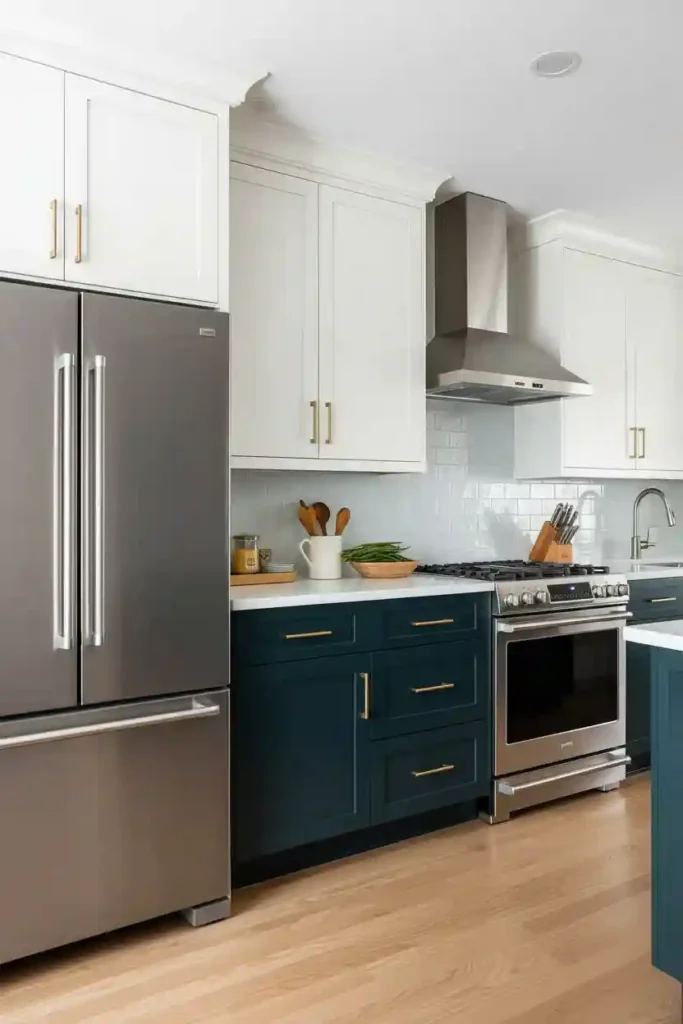 Navy lower and white upper lacquered kitchen cabinets