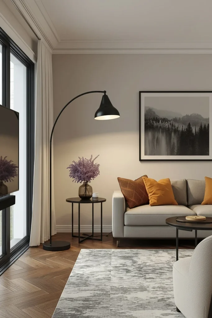Arc floor lamp over sofa