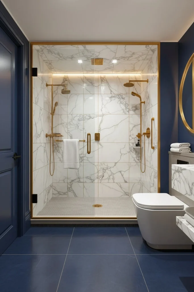 Walk-in shower with no door and linear drain
