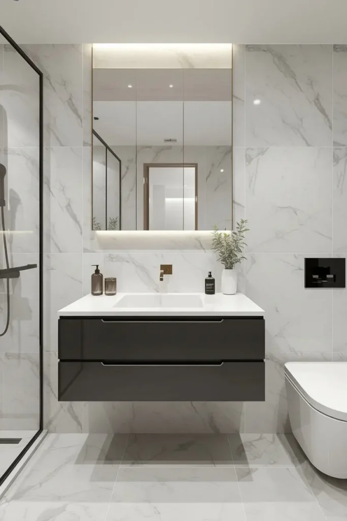 Wall-mounted floating vanity with undermount sink and clean finish
