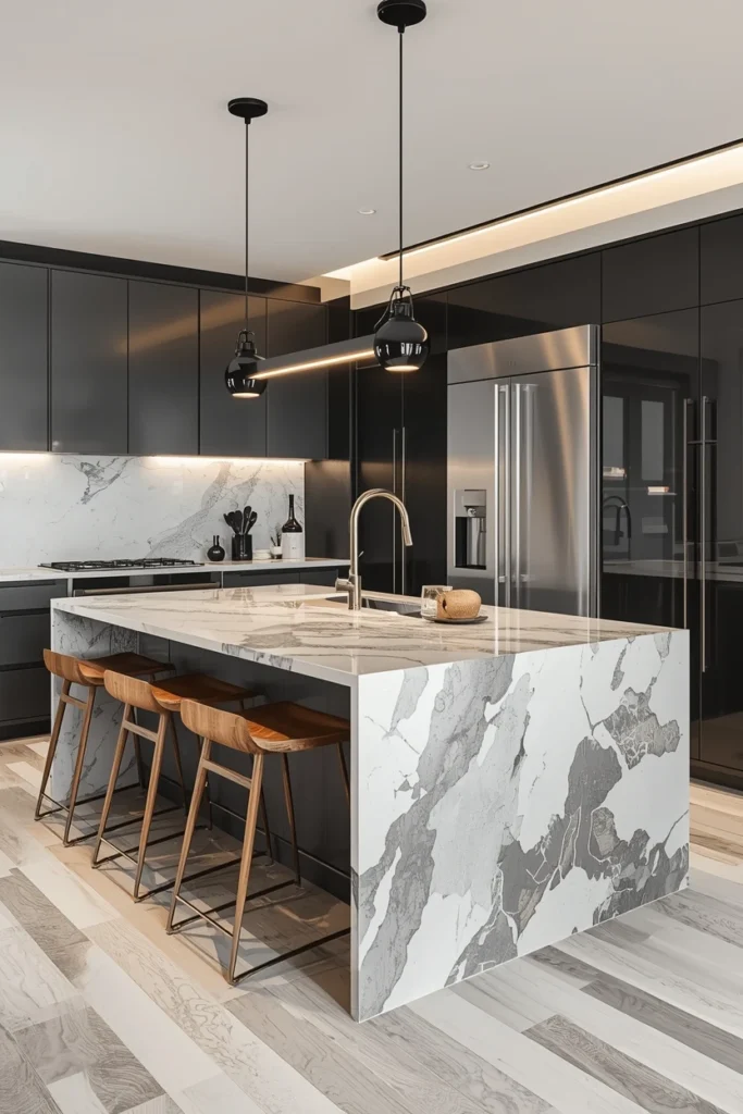 Marble waterfall island flowing down to floor